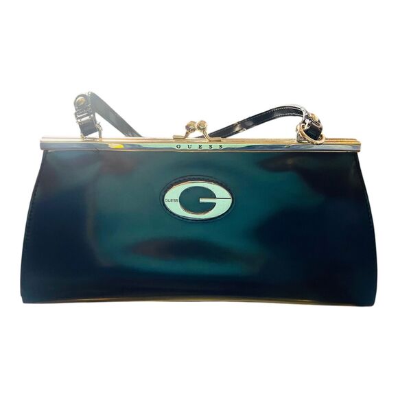 Guess Womens G Goldware Logo Kiss Lock Hobo Leather Black Shoulder Bag Y2K 2000 - Picture 1 of 12